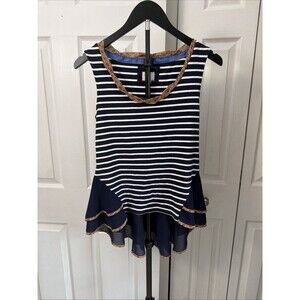 ANTHROPOLOGIE Post Stamp Sleeveless Top Sz S Navy/White Nautical Hi-low Blouse